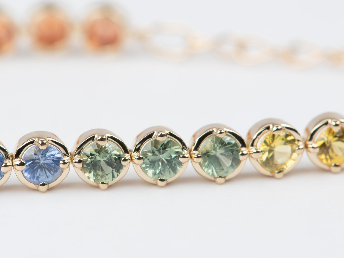 3mm Rainbow Sapphire Bracelet 14K Gold Smooth and Milgrain Edge R2089 Aurora Designer