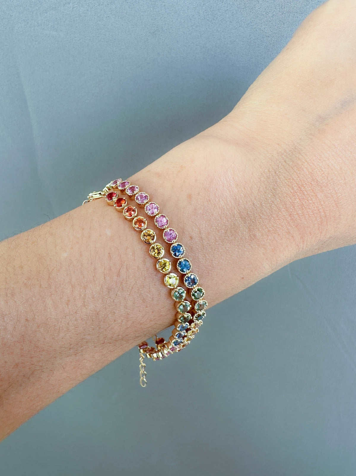 3mm Rainbow Sapphire Bracelet 14K Gold Smooth and Milgrain Edge R2089 Aurora Designer