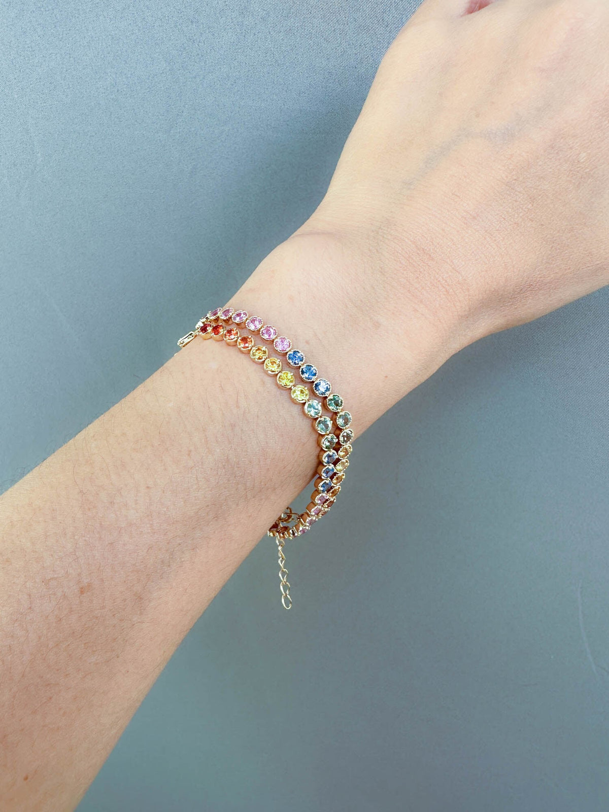 3mm Rainbow Sapphire Bracelet 14K Gold Smooth and Milgrain Edge R2089 Aurora Designer