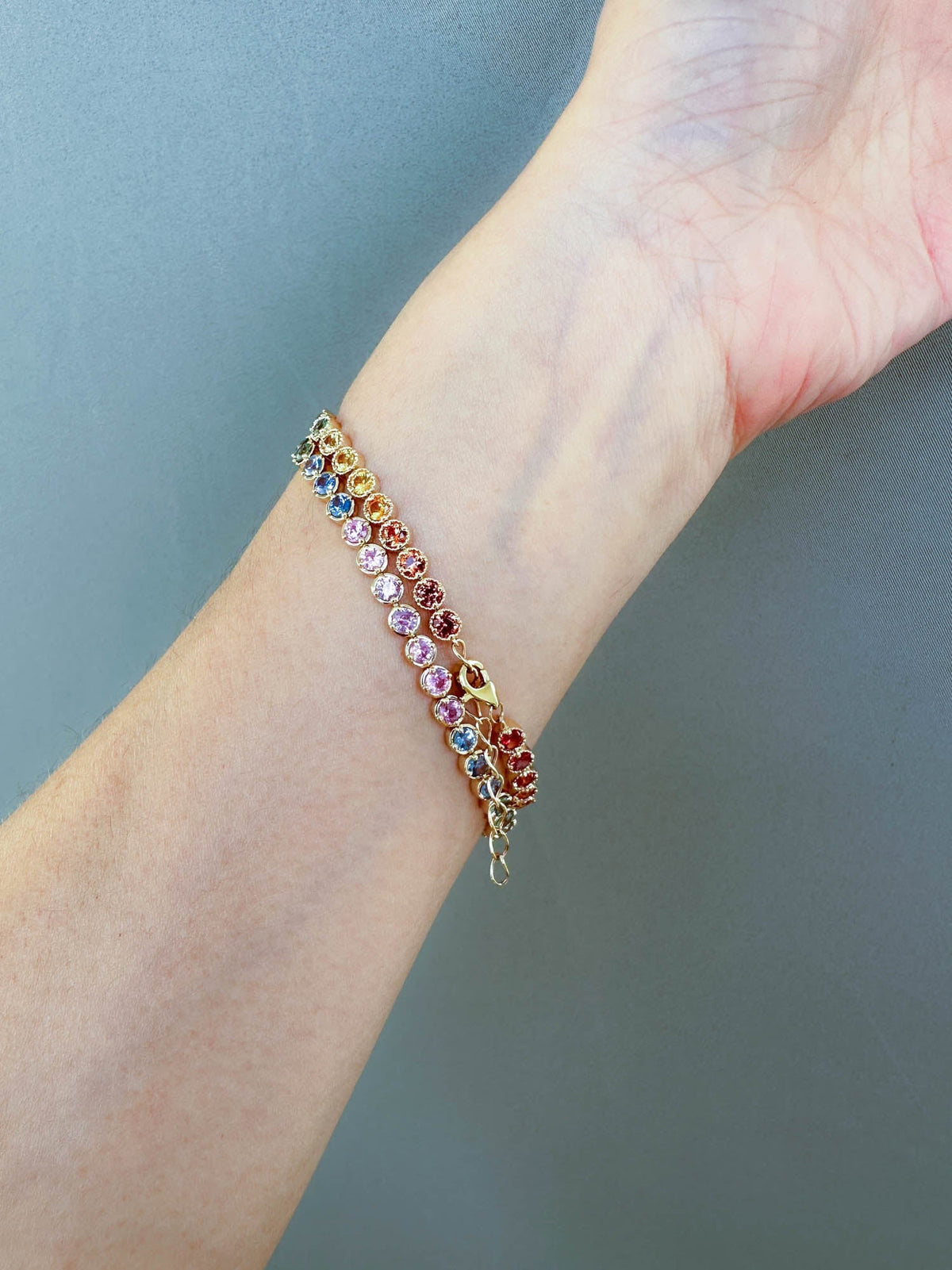 3mm Rainbow Sapphire Bracelet 14K Gold Smooth and Milgrain Edge R2089 Aurora Designer