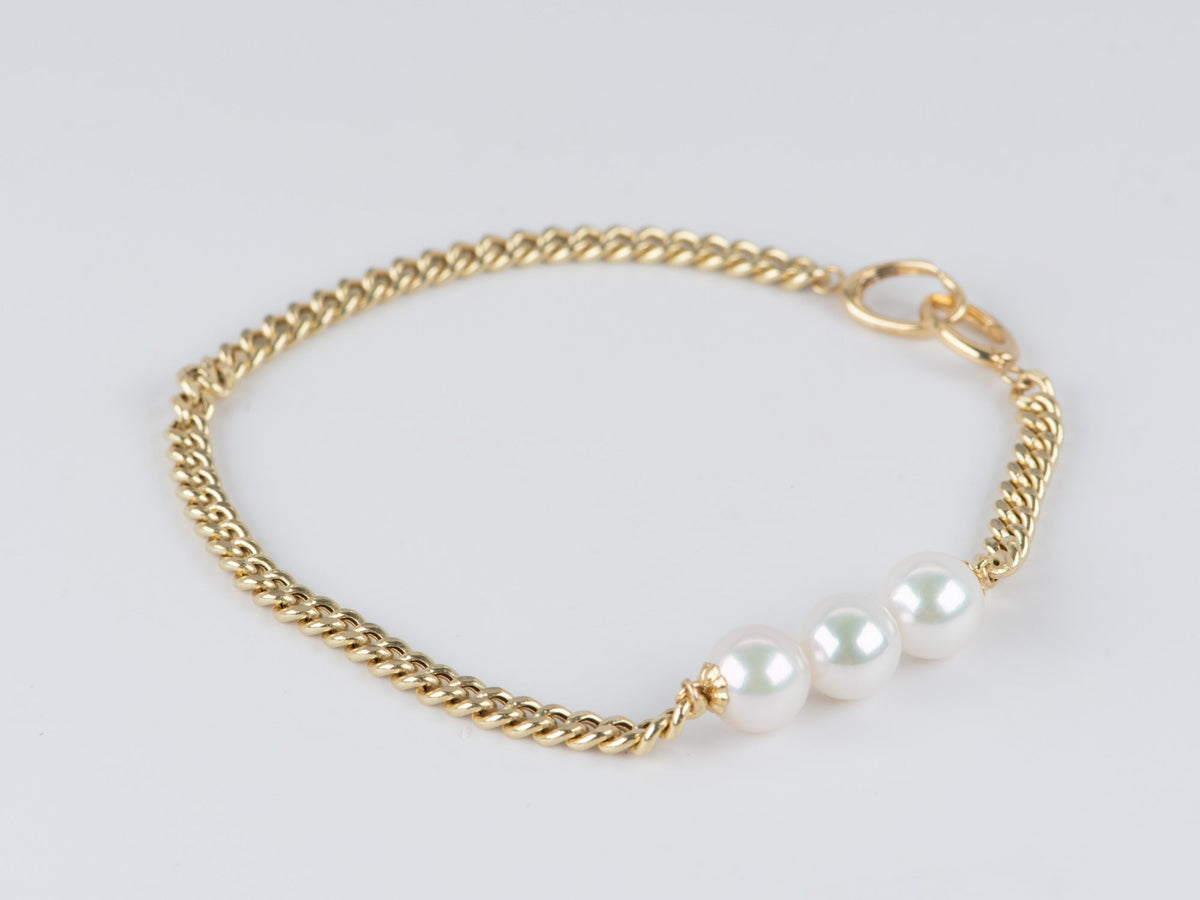18K Gold 3.2mm Miami Cuban Chain Bracelet with Pearl Accent 7" R2092 Aurora Designer