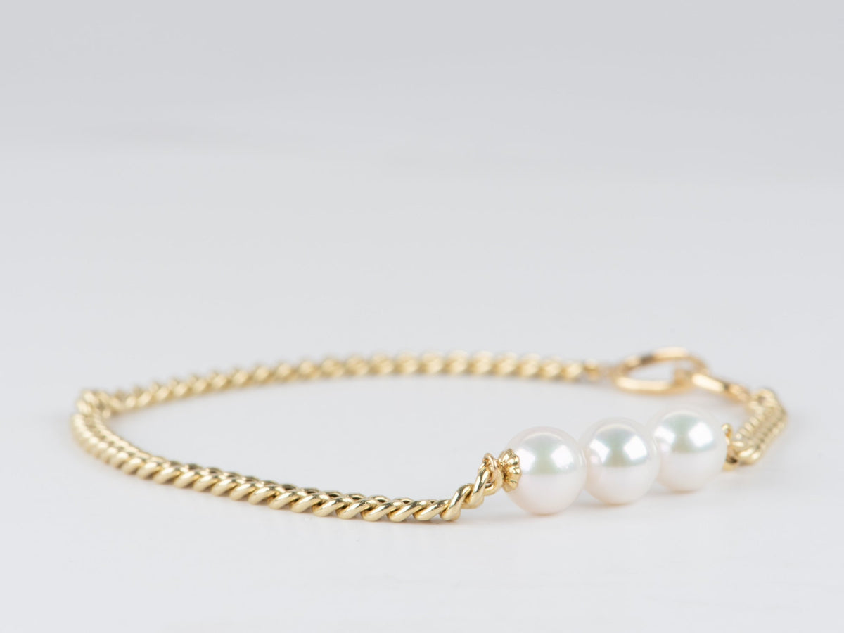 18K Gold 3.2mm Miami Cuban Chain Bracelet with Pearl Accent 7" R2092 Aurora Designer