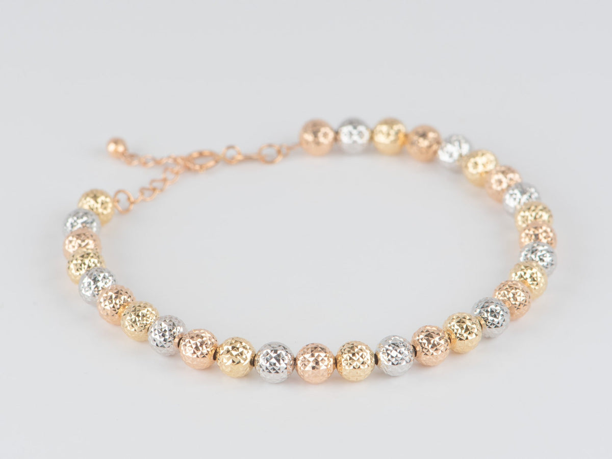 Solid 18K Gold Tri-Color Diamond Cut Sparkle Bead Bracelet 5mm 4.66g R2094 Aurora Designer