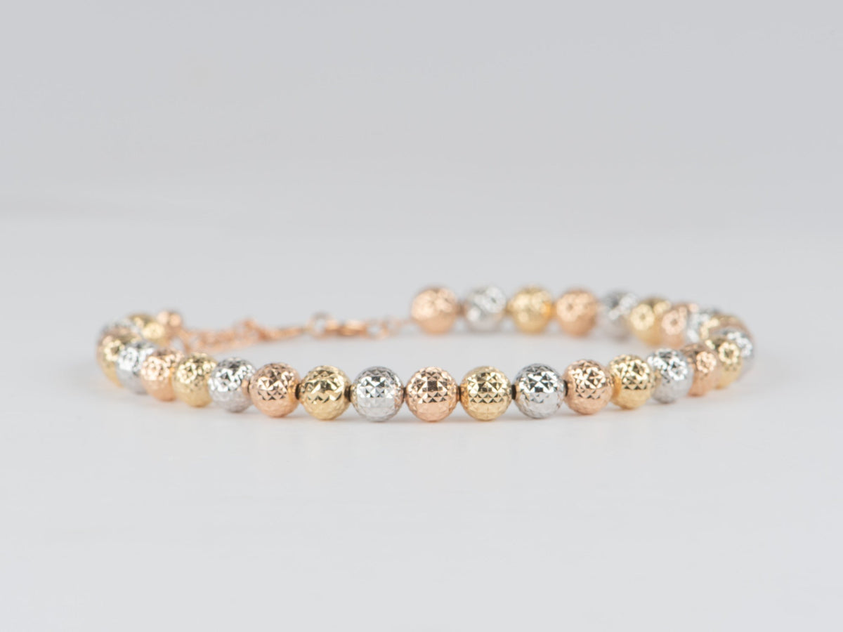 Solid 18K Gold Tri-Color Diamond Cut Sparkle Bead Bracelet 5mm 4.66g R2094 Aurora Designer