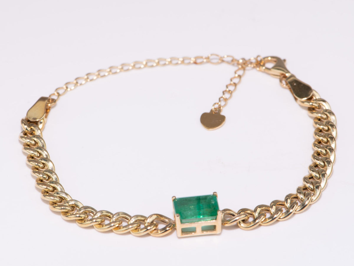14K Gold Miami Cuban Chain Bracelet with 1.64ct Emerald R2097 Aurora Designer