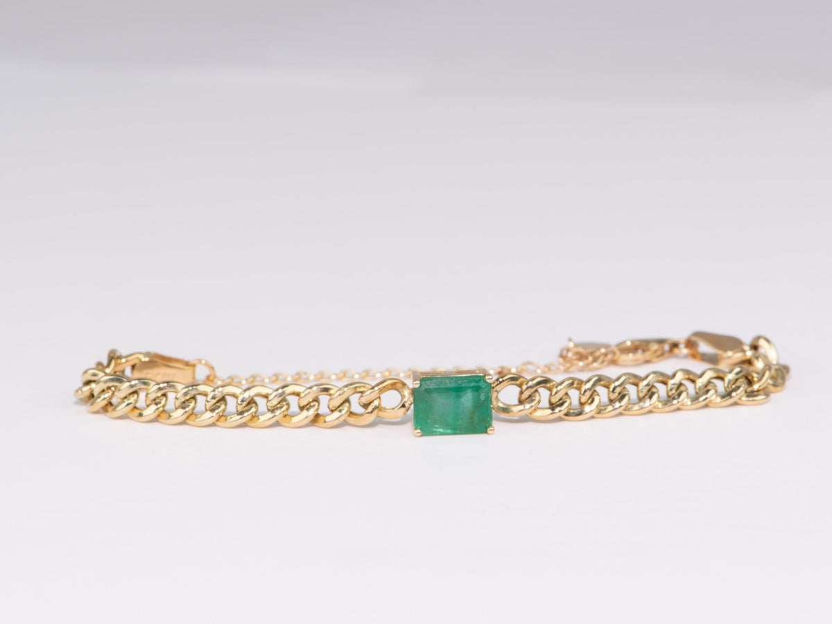 14K Gold Miami Cuban Chain Bracelet with 1.64ct Emerald R2097 Aurora Designer