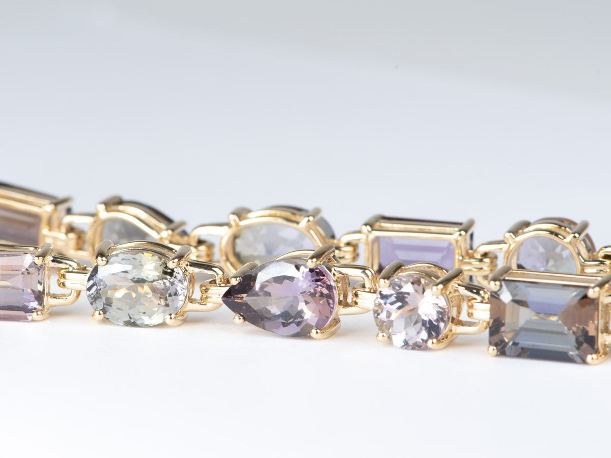 25ct Natural Fancy Bi-Color Tanzanite Bracelet 14K Gold Mixed Shape Rare Colors R2102 Aurora Designer