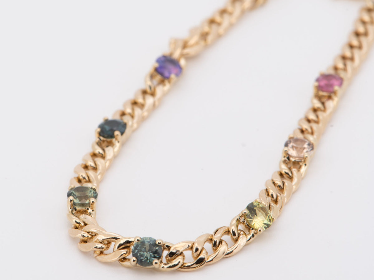 Natural Rainbow Sapphire Bracelet 14K Gold on Miami Cuban Chain R2103 Aurora Designer
