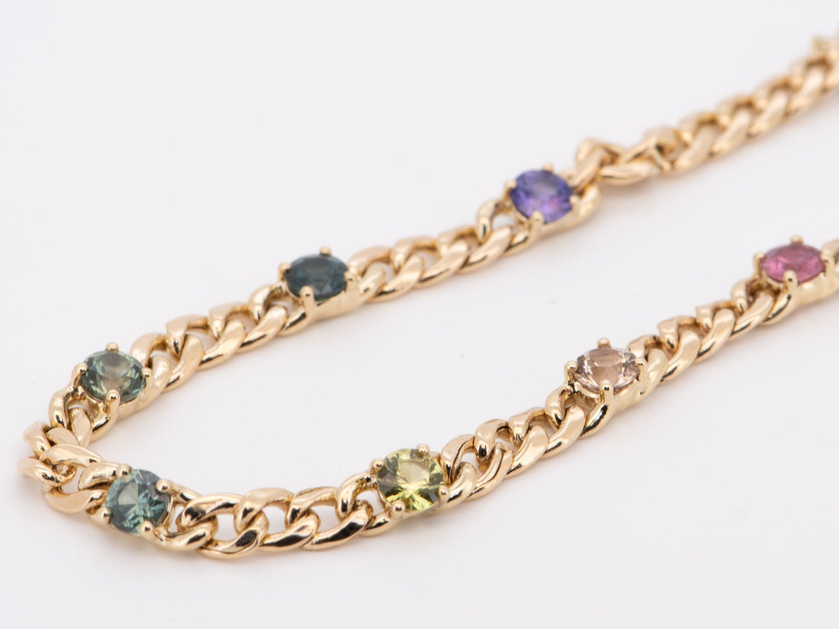 Natural Rainbow Sapphire Bracelet 14K Gold on Miami Cuban Chain R2103 Aurora Designer