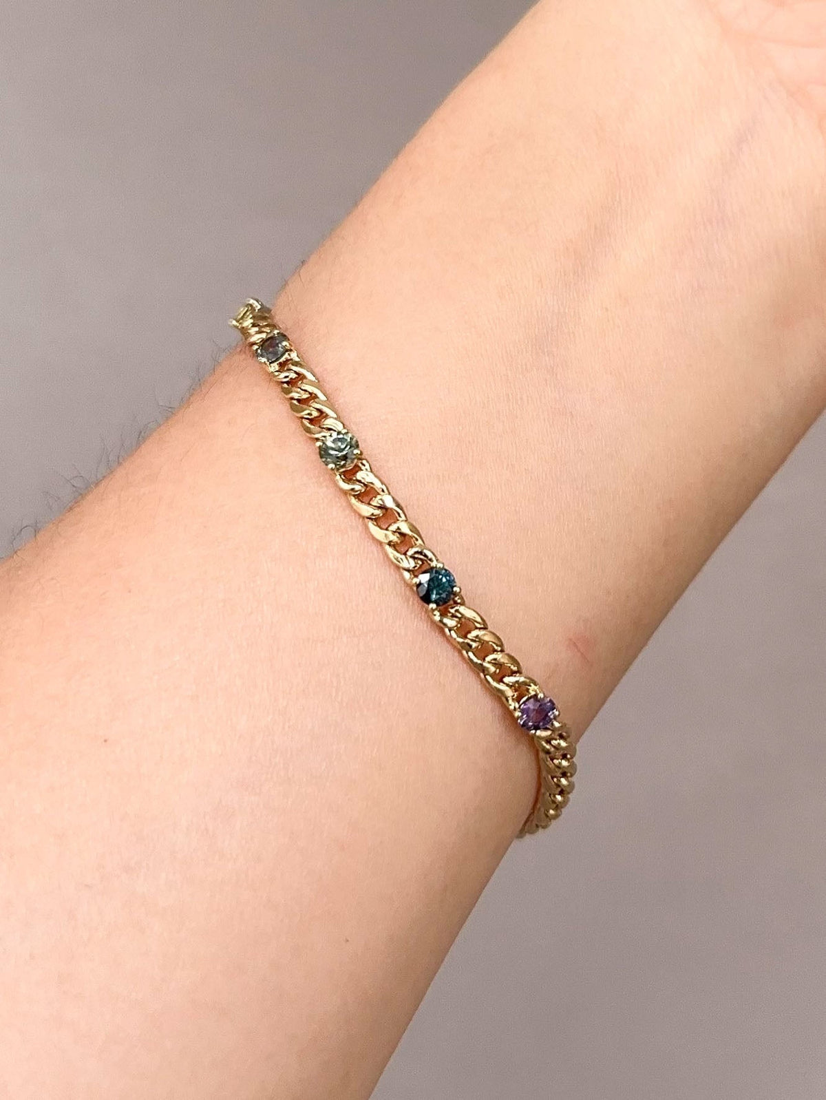 Natural Rainbow Sapphire Bracelet 14K Gold on Miami Cuban Chain R2103 Aurora Designer