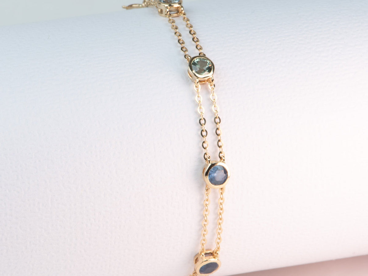 7" Ombre Shade Montana Sapphire Station Bracelet Double Strand 14K Gold R2112 Aurora Designer