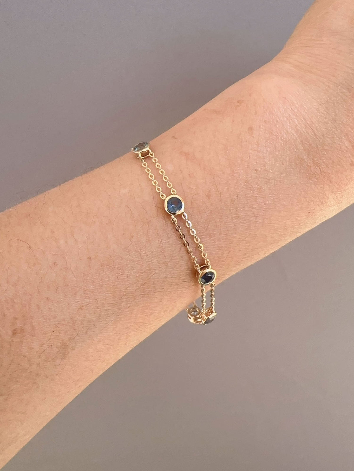 7" Ombre Shade Montana Sapphire Station Bracelet Double Strand 14K Gold R2112 Aurora Designer