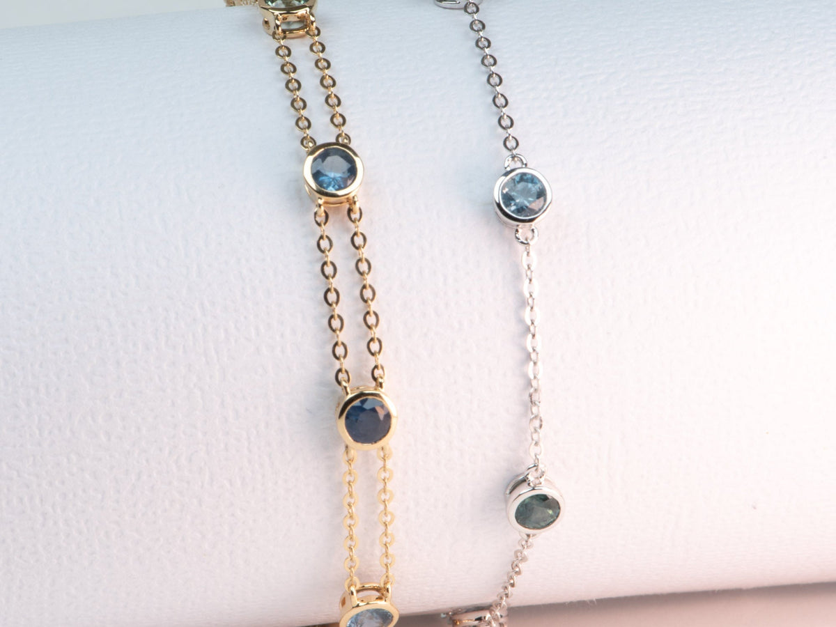 7" Ombre Shade Montana Sapphire Station Bracelet Double Strand 14K Gold R2112 Aurora Designer