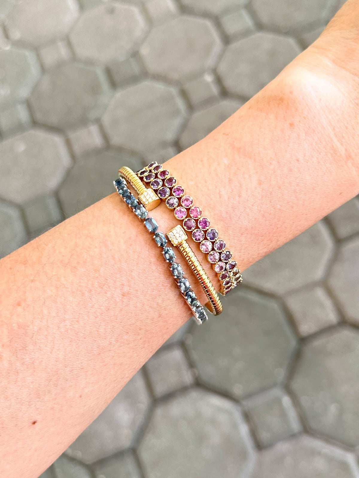 4mm Wide Purple Pink Ombre Sapphire Bracelet 14K Gold R2120 Aurora Designer
