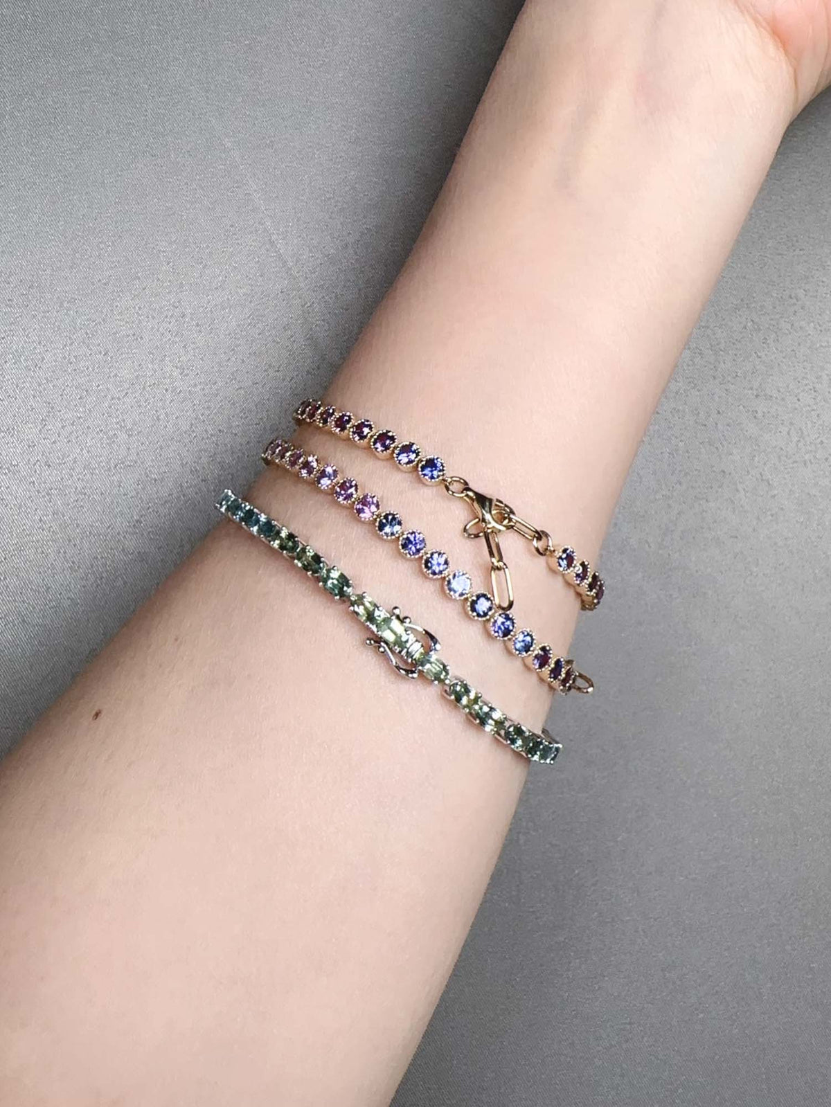 4mm Wide Purple Pink Ombre Sapphire Bracelet 14K Gold R2120 Aurora Designer