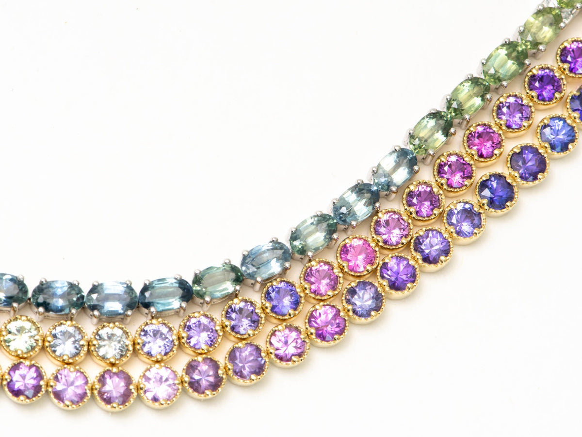 4mm Wide Purple Pink Ombre Sapphire Bracelet 14K Gold R2120 Aurora Designer