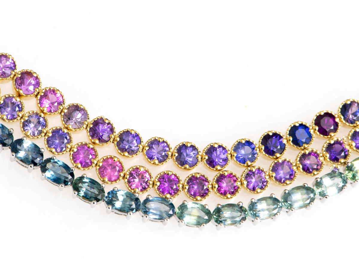 4mm Wide Purple Pink Ombre Sapphire Bracelet 14K Gold R2120 Aurora Designer