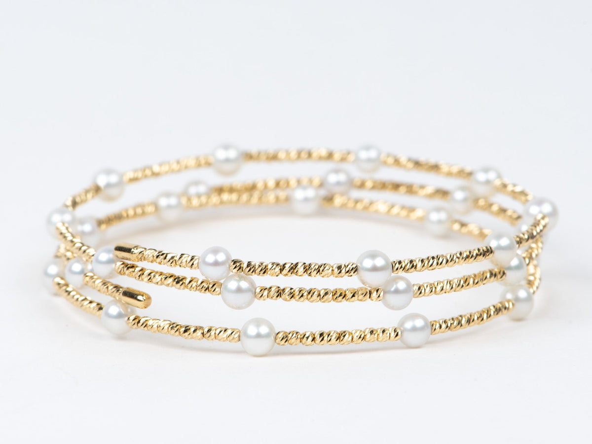 18K Gold Diamond Cut Bead 3-Row Stretchy Bracelet Bangle with Pearls R2123 Aurora Designer