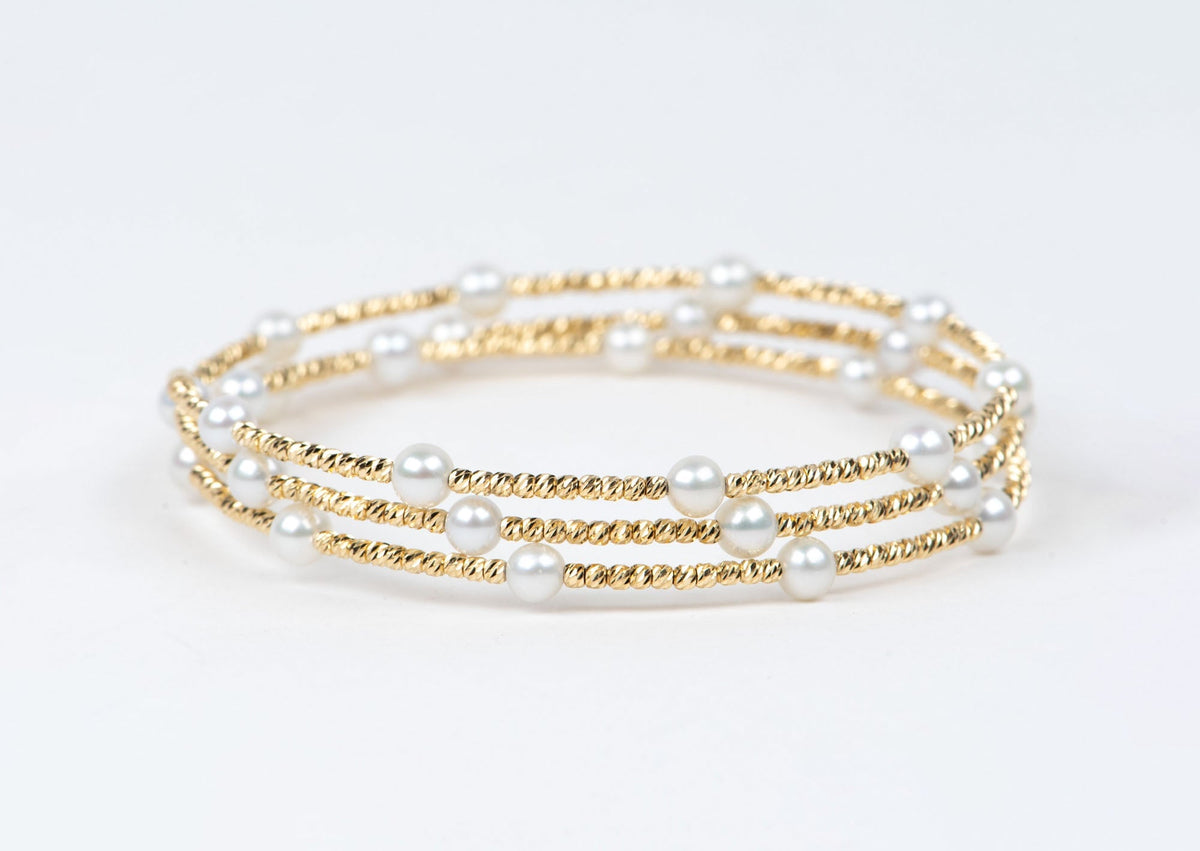 18K Gold Diamond Cut Bead 3-Row Stretchy Bracelet Bangle with Pearls R2123 Aurora Designer