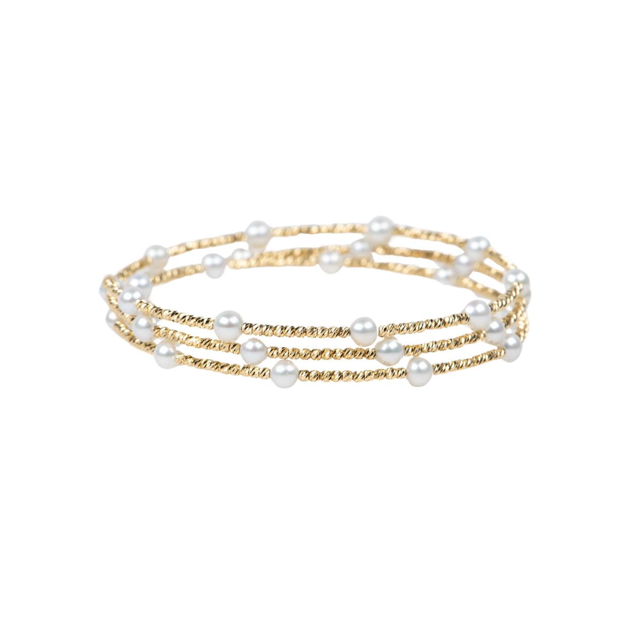 18K Gold Diamond Cut Bead 3-Row Stretchy Bracelet Bangle with Pearls R2123 Aurora Designer