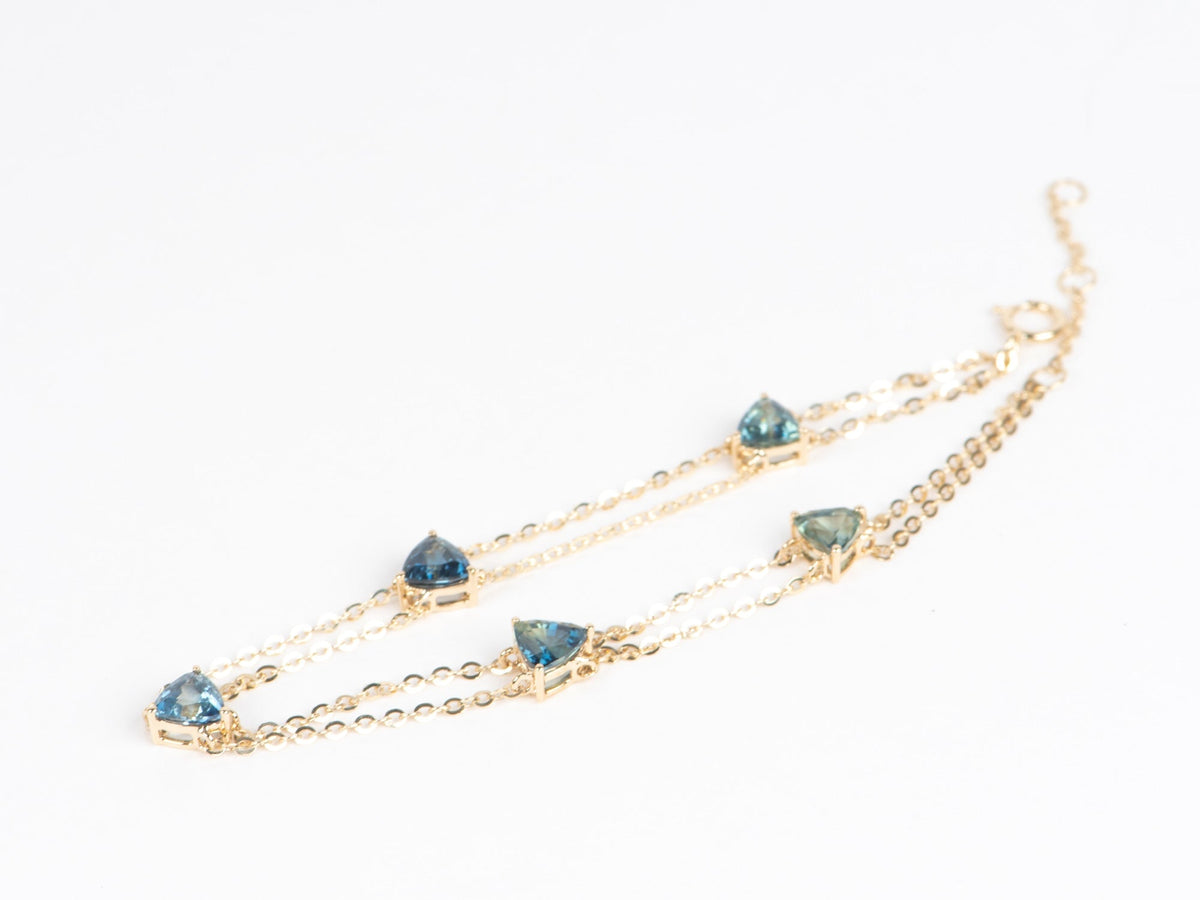 Stunning Teal Blue Sapphire Bracelet on Double Strand 14K Gold 7.5&quot; R2125 Aurora Designer