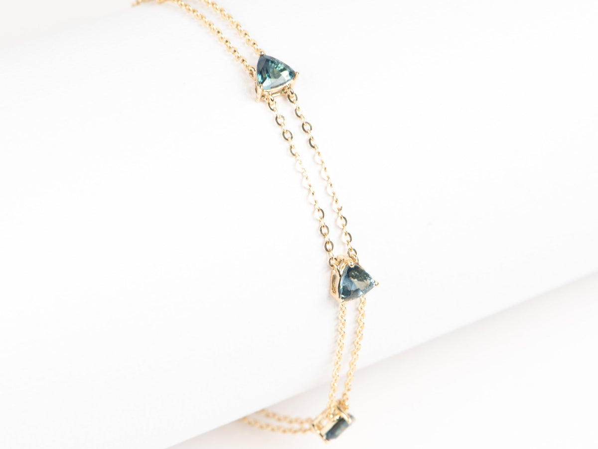 Stunning Teal Blue Sapphire Bracelet on Double Strand 14K Gold 7.5&quot; R2125 Aurora Designer