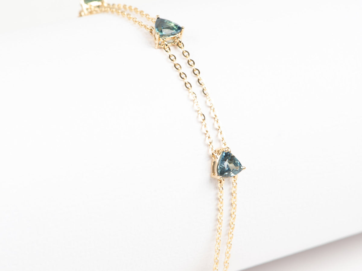 Stunning Teal Blue Sapphire Bracelet on Double Strand 14K Gold 7.5&quot; R2125 Aurora Designer