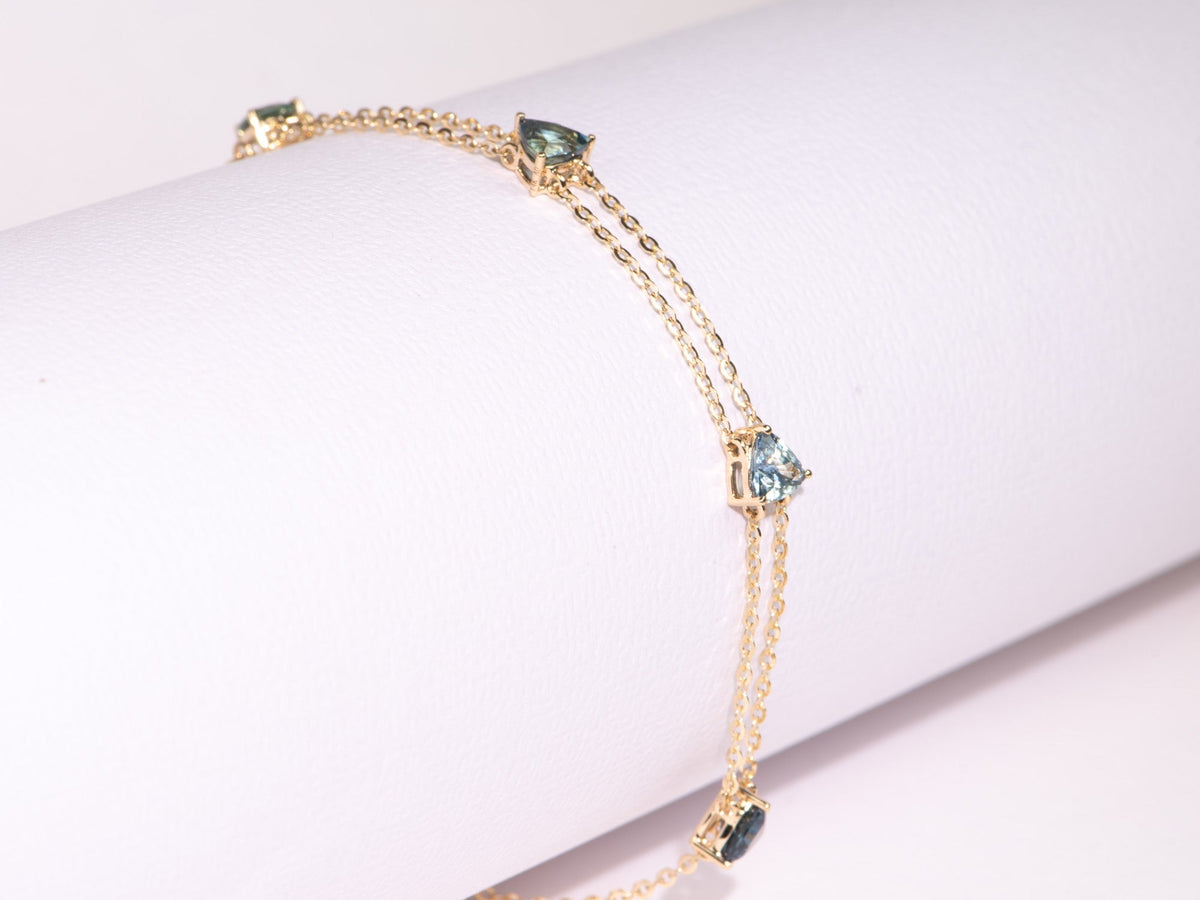 Stunning Teal Blue Sapphire Bracelet on Double Strand 14K Gold 7.5&quot; R2125 Aurora Designer