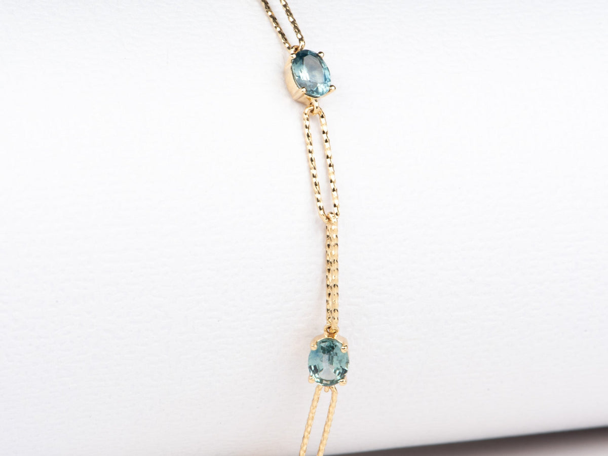 14K Gold Montana Sapphire Station Bracelet 8" Sparkly Paperclip Chain Links Adjustable R2130 Aurora Designer
