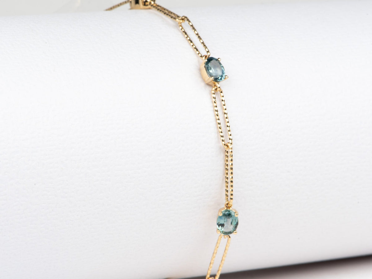 14K Gold Montana Sapphire Station Bracelet 8" Sparkly Paperclip Chain Links Adjustable R2130 Aurora Designer