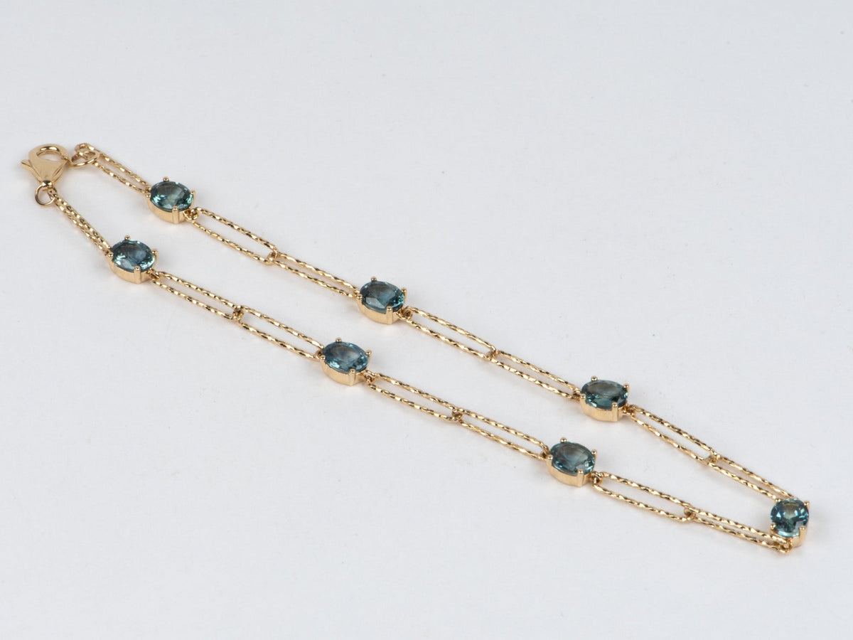14K Gold Montana Sapphire Station Bracelet 8" Sparkly Paperclip Chain Links Adjustable R2130 Aurora Designer