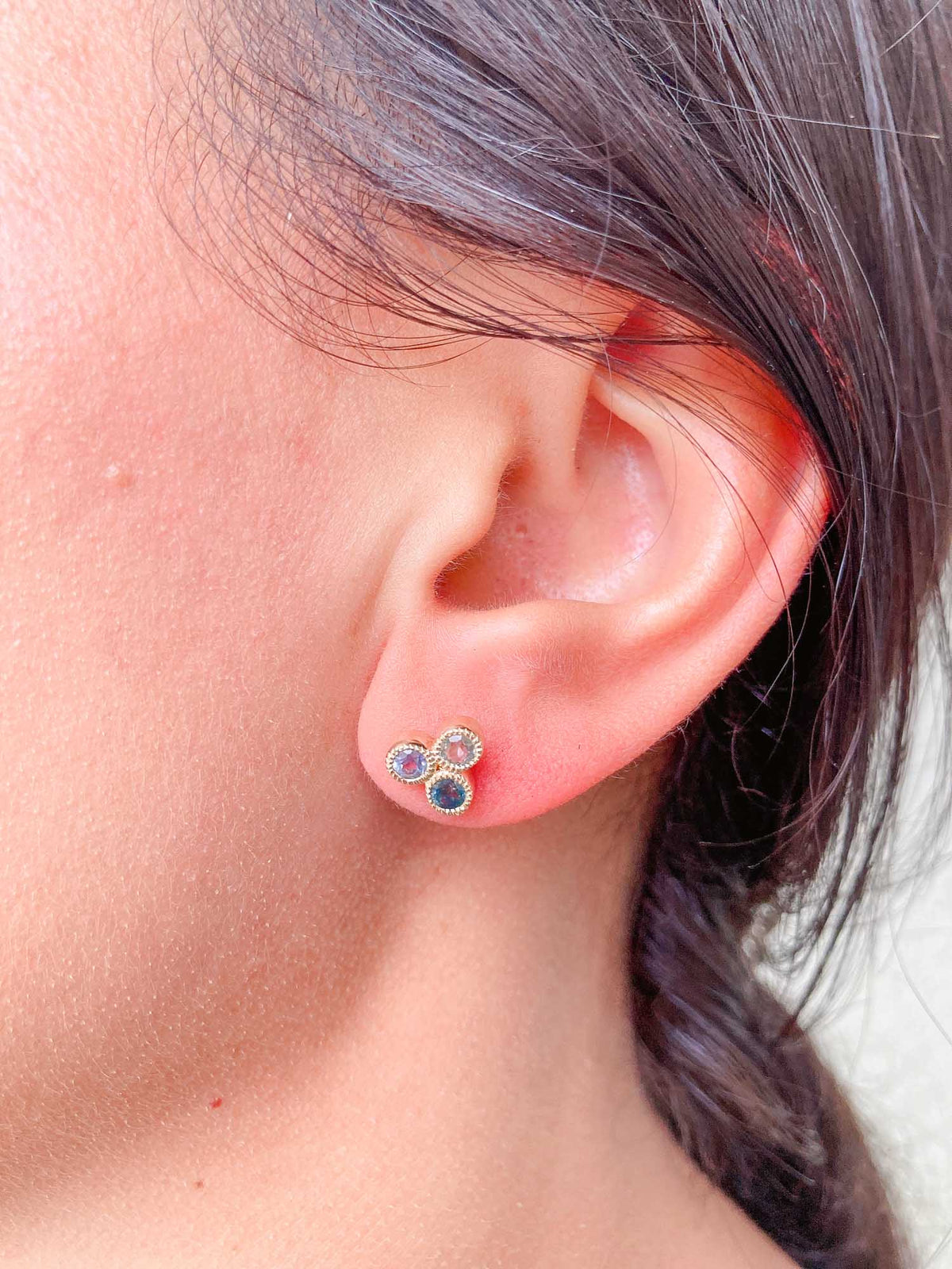 Trio of Montana Sapphire Milgrain Bezel Set Ear Studs 14K Gold R3227 Aurora Designer