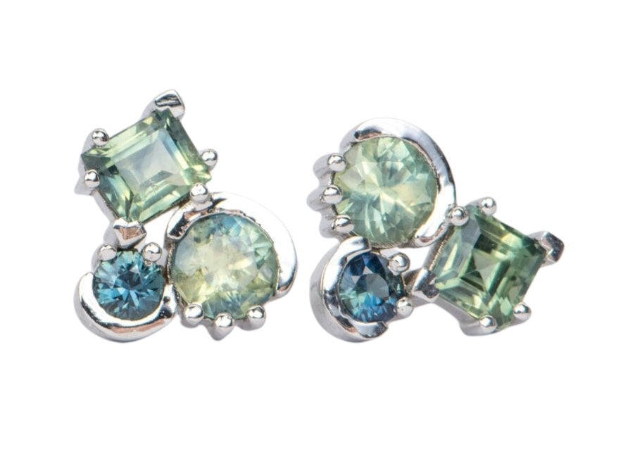 Teal Sapphire Cluster Earrings 14K Gold R3053 Aurora Designer