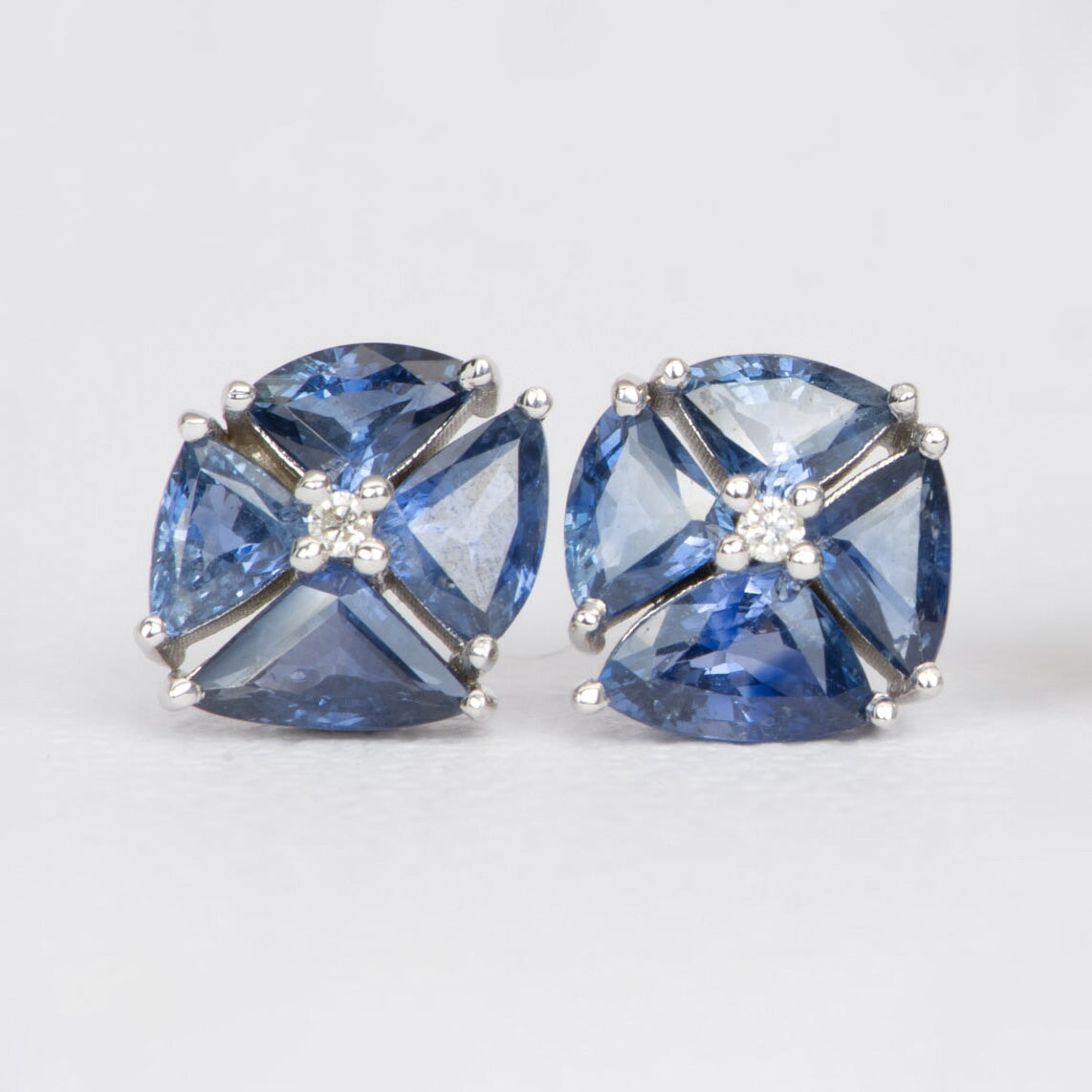 Stunning Royal Blue Sapphire and Diamond Cluster Earrings 14K White Gold R3080 Aurora Designer