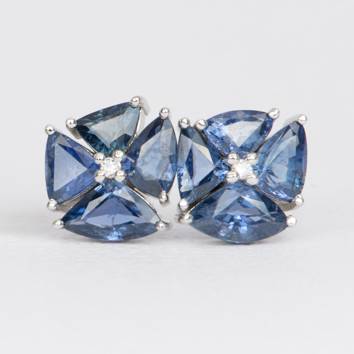 14K White Gold Royal Blue Sapphire and Diamond Cluster Earrings R3080