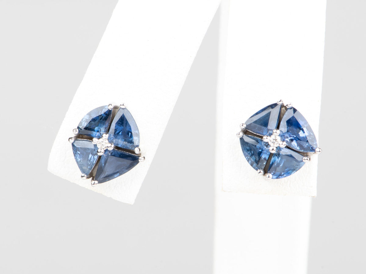 Stunning Royal Blue Sapphire and Diamond Cluster Earrings 14K White Gold R3080 Aurora Designer