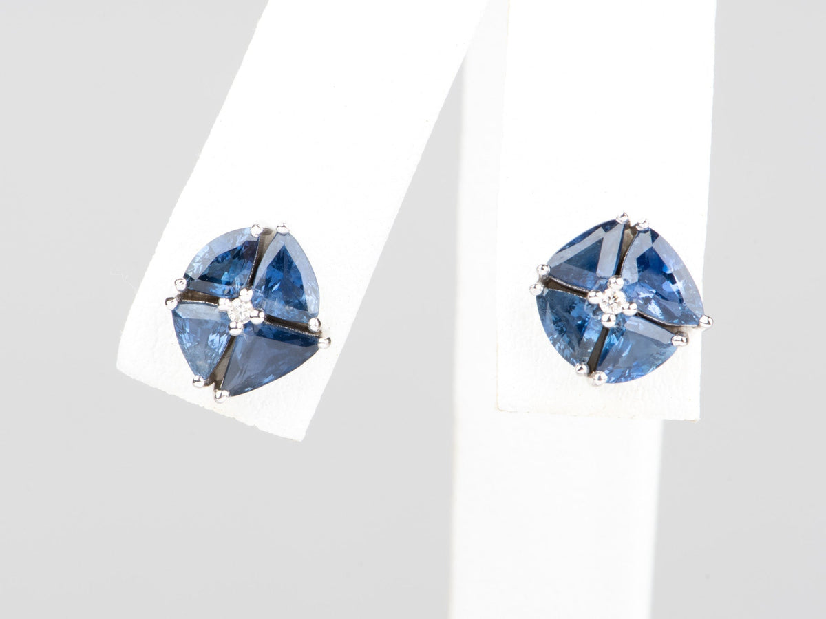 Stunning Royal Blue Sapphire and Diamond Cluster Earrings 14K White Gold R3080 Aurora Designer