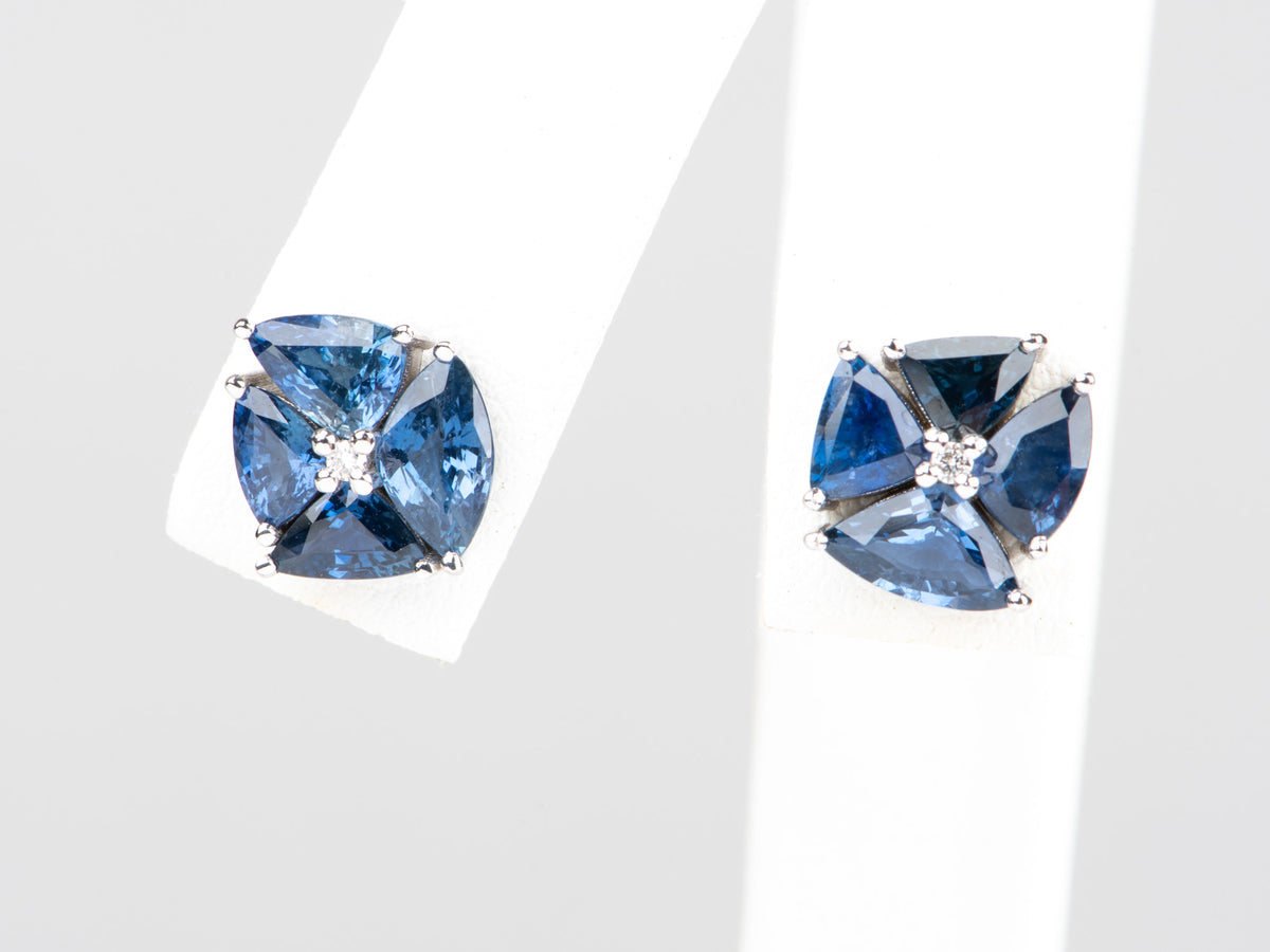 14K White Gold Royal Blue Sapphire and Diamond Cluster Earrings R3080