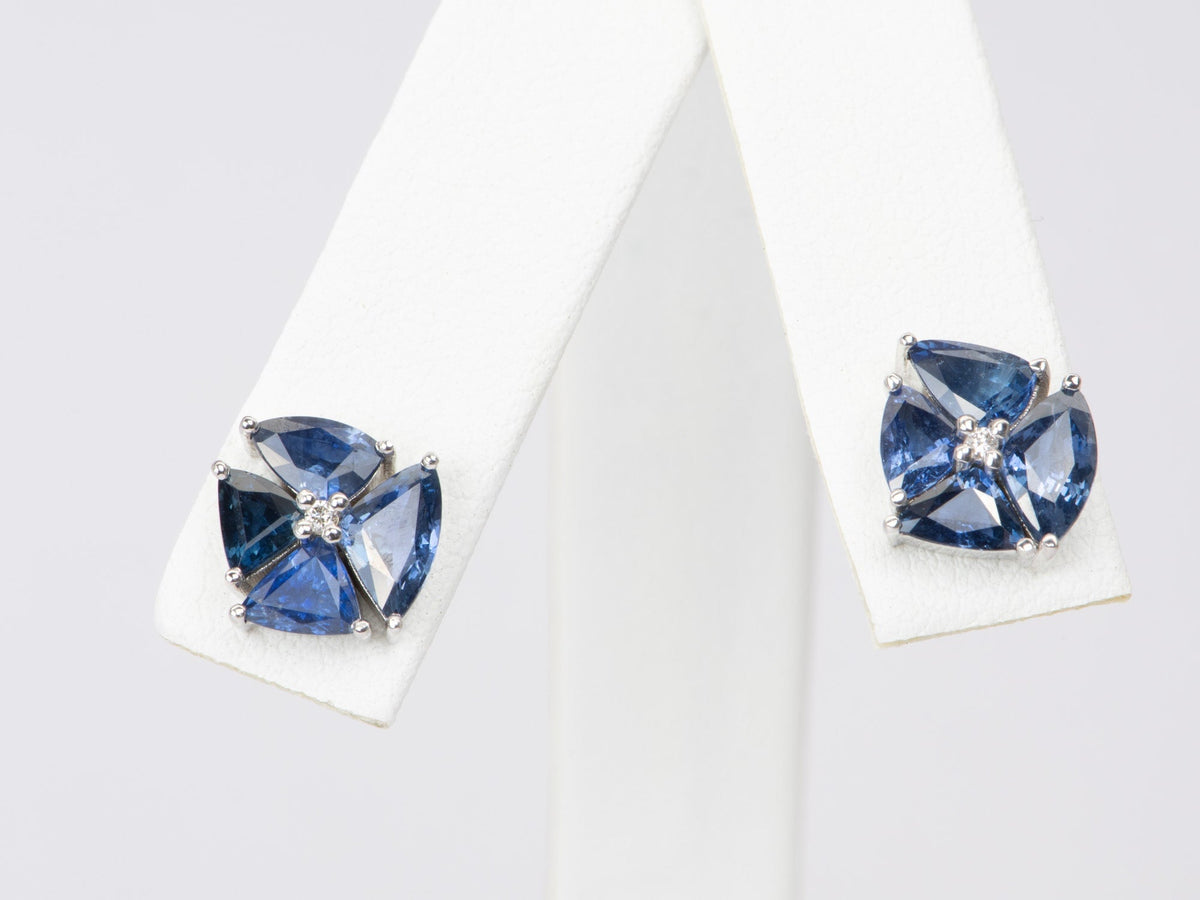14K White Gold Royal Blue Sapphire and Diamond Cluster Earrings R3080