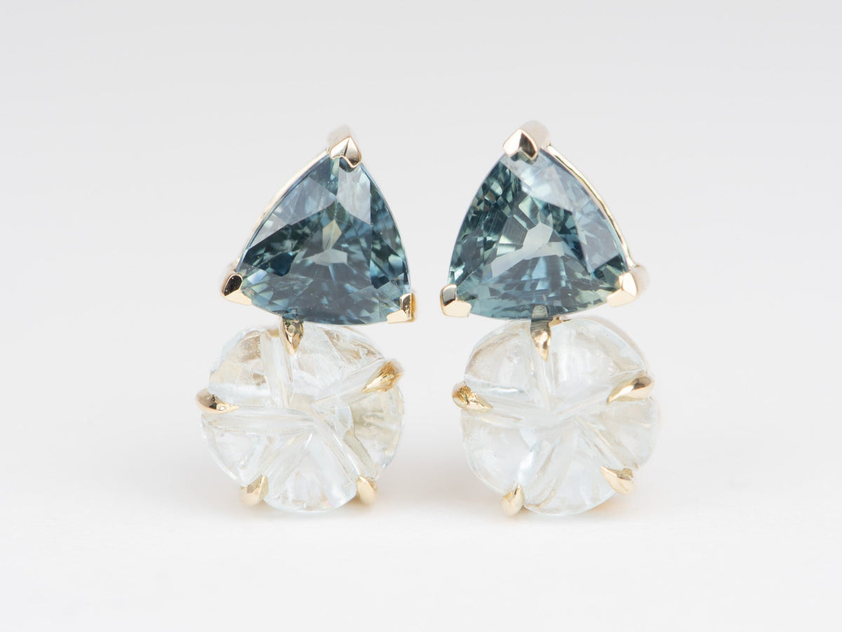 Aquamarine Carving and Teal Sapphire Earrings 14K Gold R3112 Aurora Designer