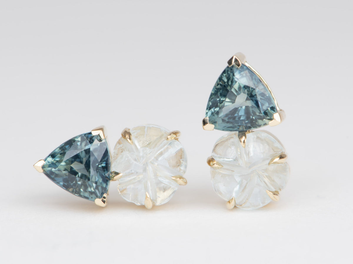 Aquamarine Carving and Teal Sapphire Earrings 14K Gold R3112 Aurora Designer