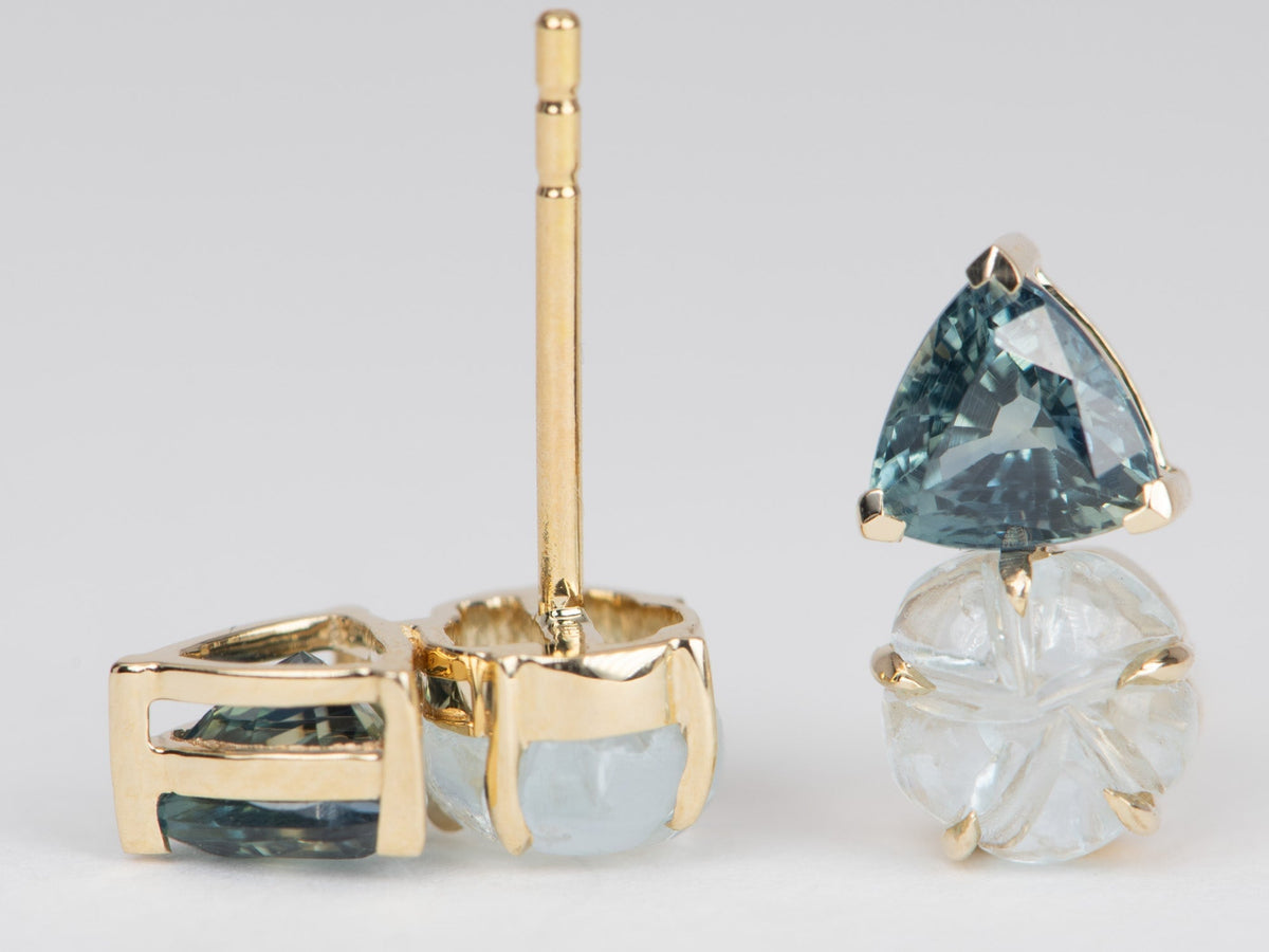 Aquamarine Carving and Teal Sapphire Earrings 14K Gold R3112 Aurora Designer