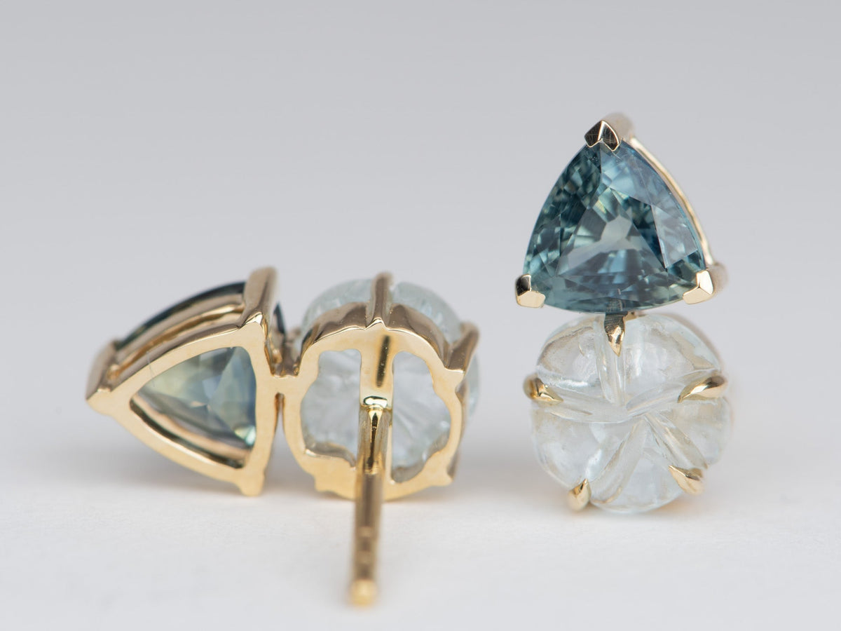 Aquamarine Carving and Teal Sapphire Earrings 14K Gold R3112 Aurora Designer