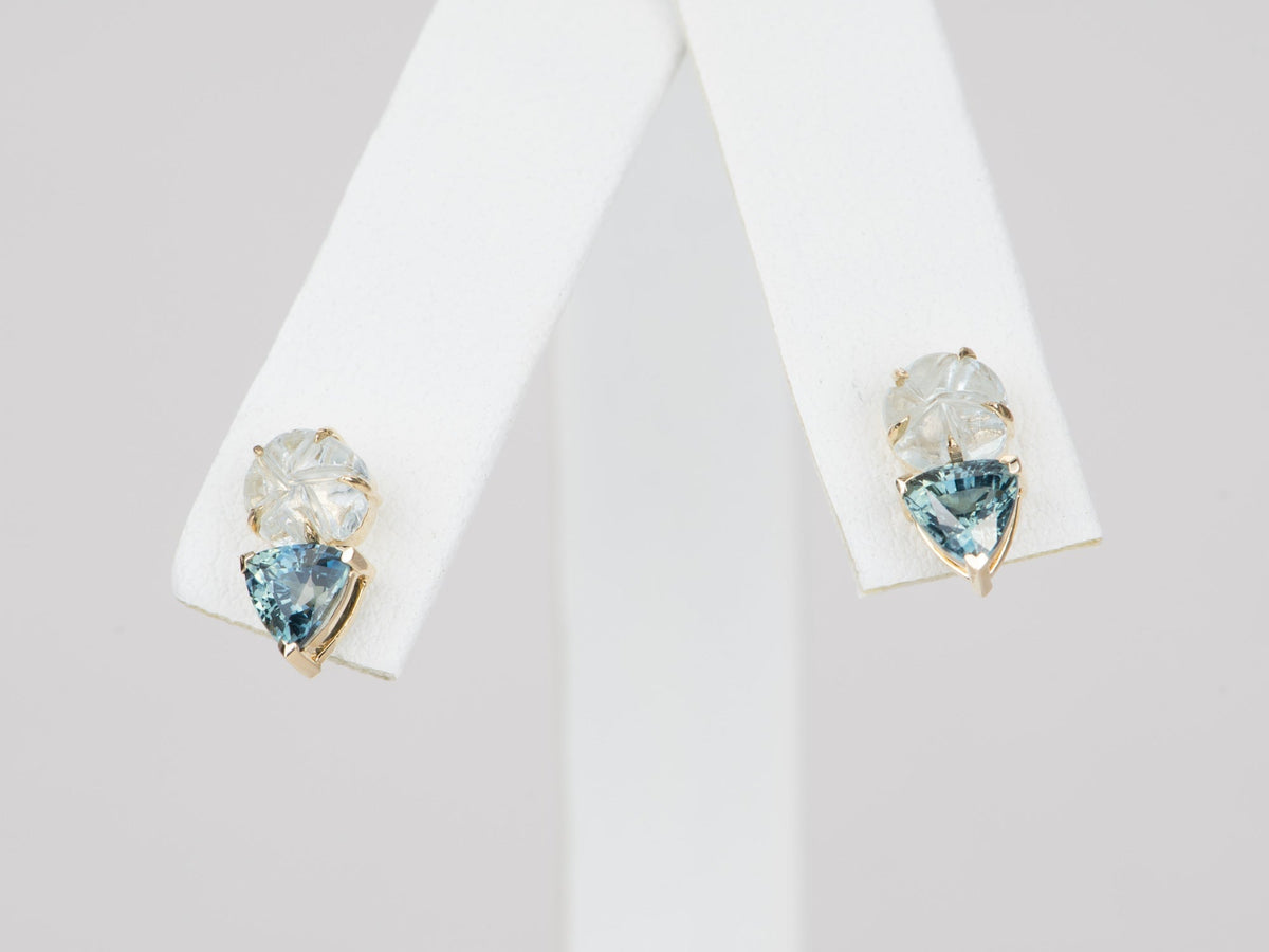 Aquamarine Carving and Teal Sapphire Earrings 14K Gold R3112 Aurora Designer