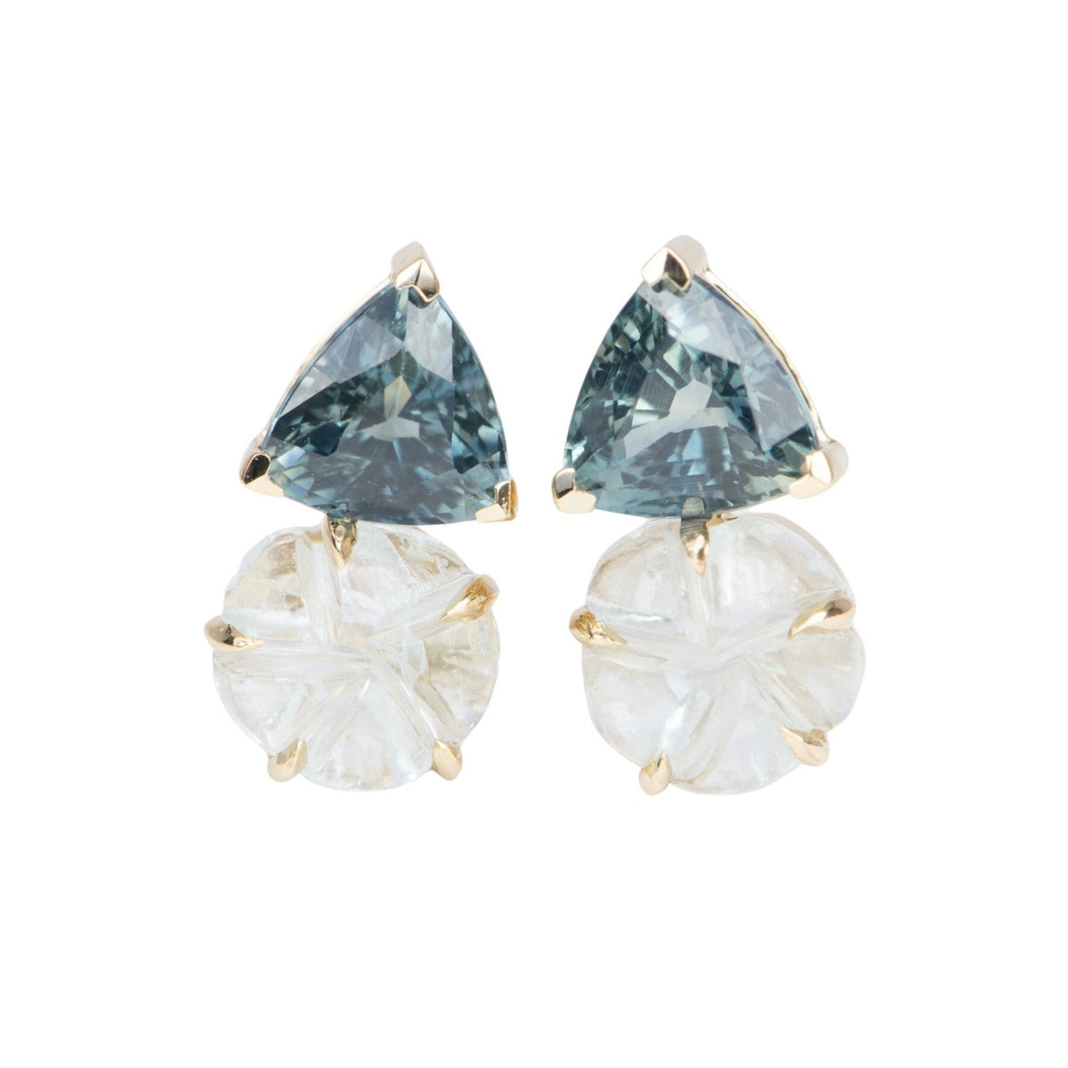 Aquamarine Carving and Teal Sapphire Earrings 14K Gold R3112 Aurora Designer