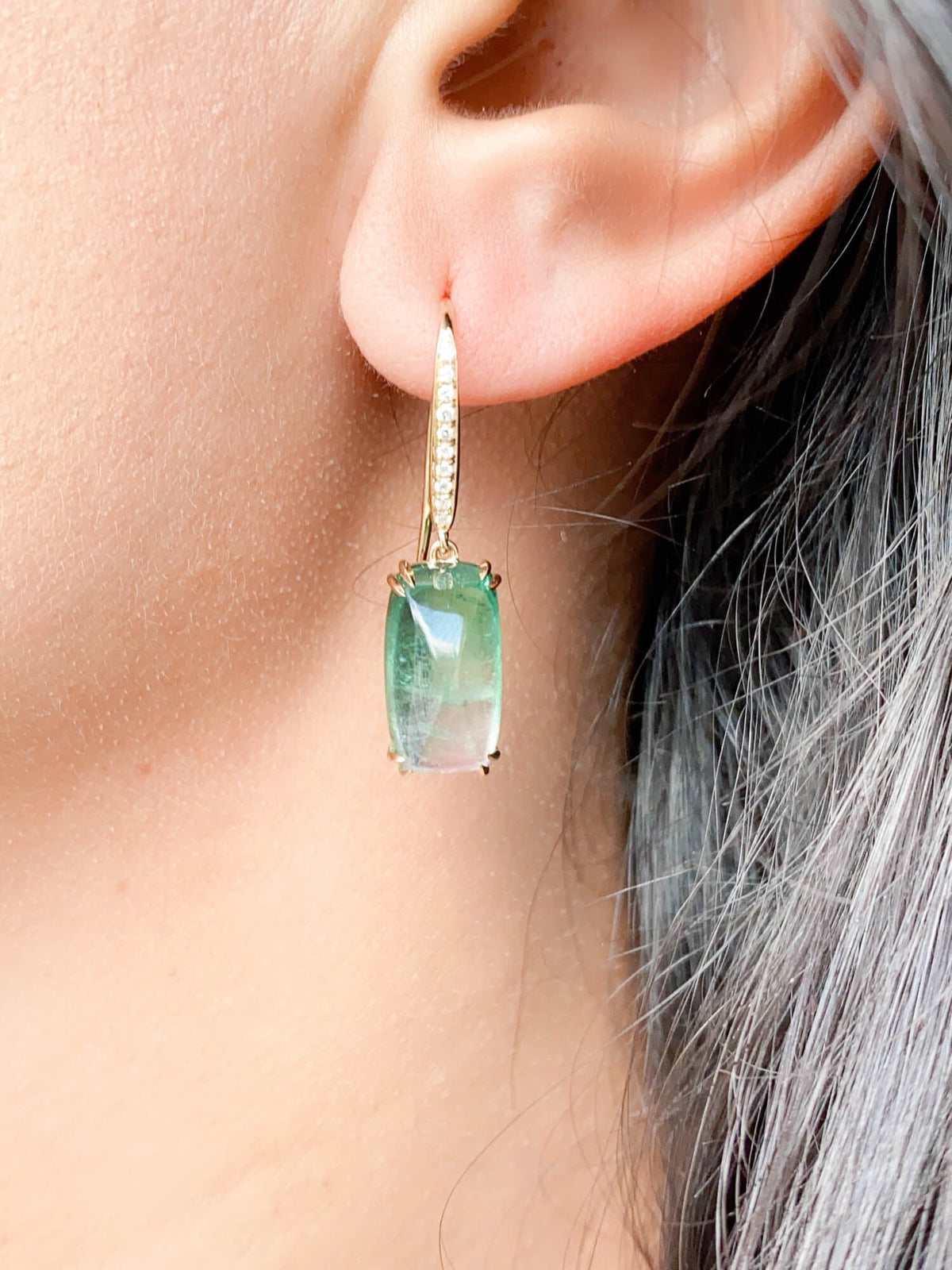 13.08ct Bi-Color Tourmaline Sugarloaf Dangle Earrings 14K Gold R3129 Aurora Designer