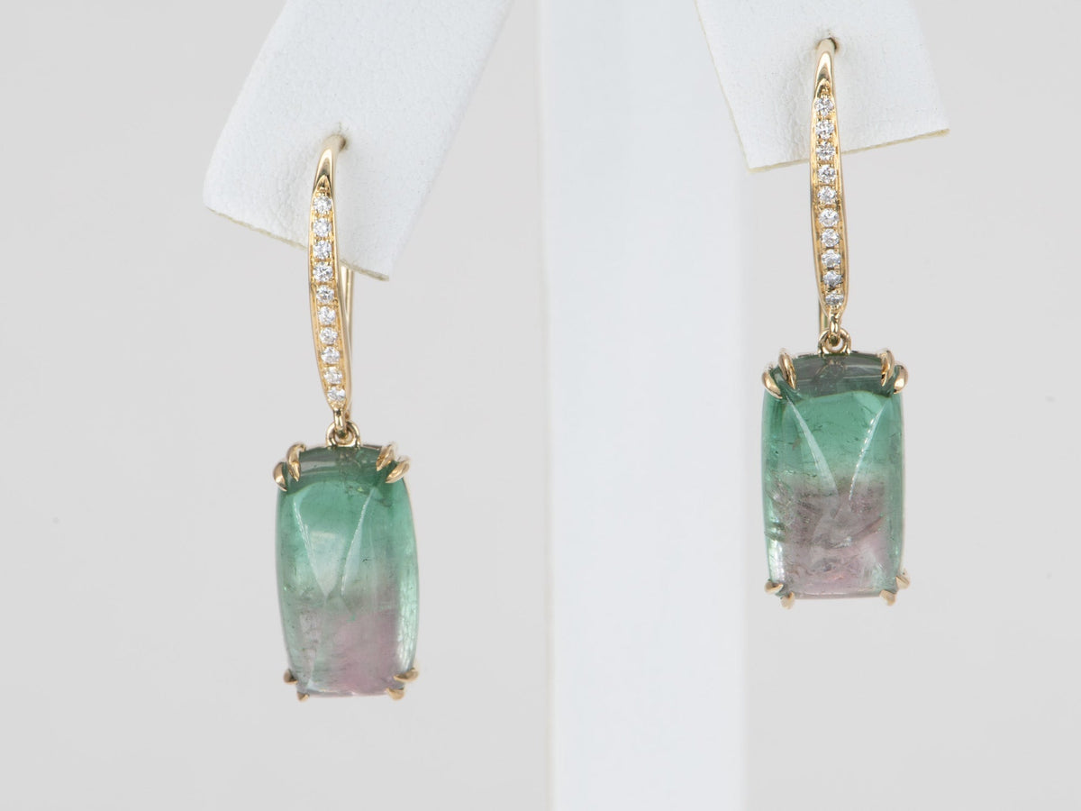 13.08ct Bi-Color Tourmaline Sugarloaf Dangle Earrings 14K Gold R3129 Aurora Designer