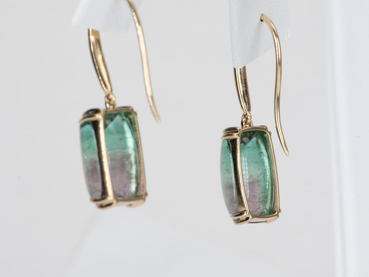 13.08ct Bi-Color Tourmaline Sugarloaf Dangle Earrings 14K Gold R3129 Aurora Designer