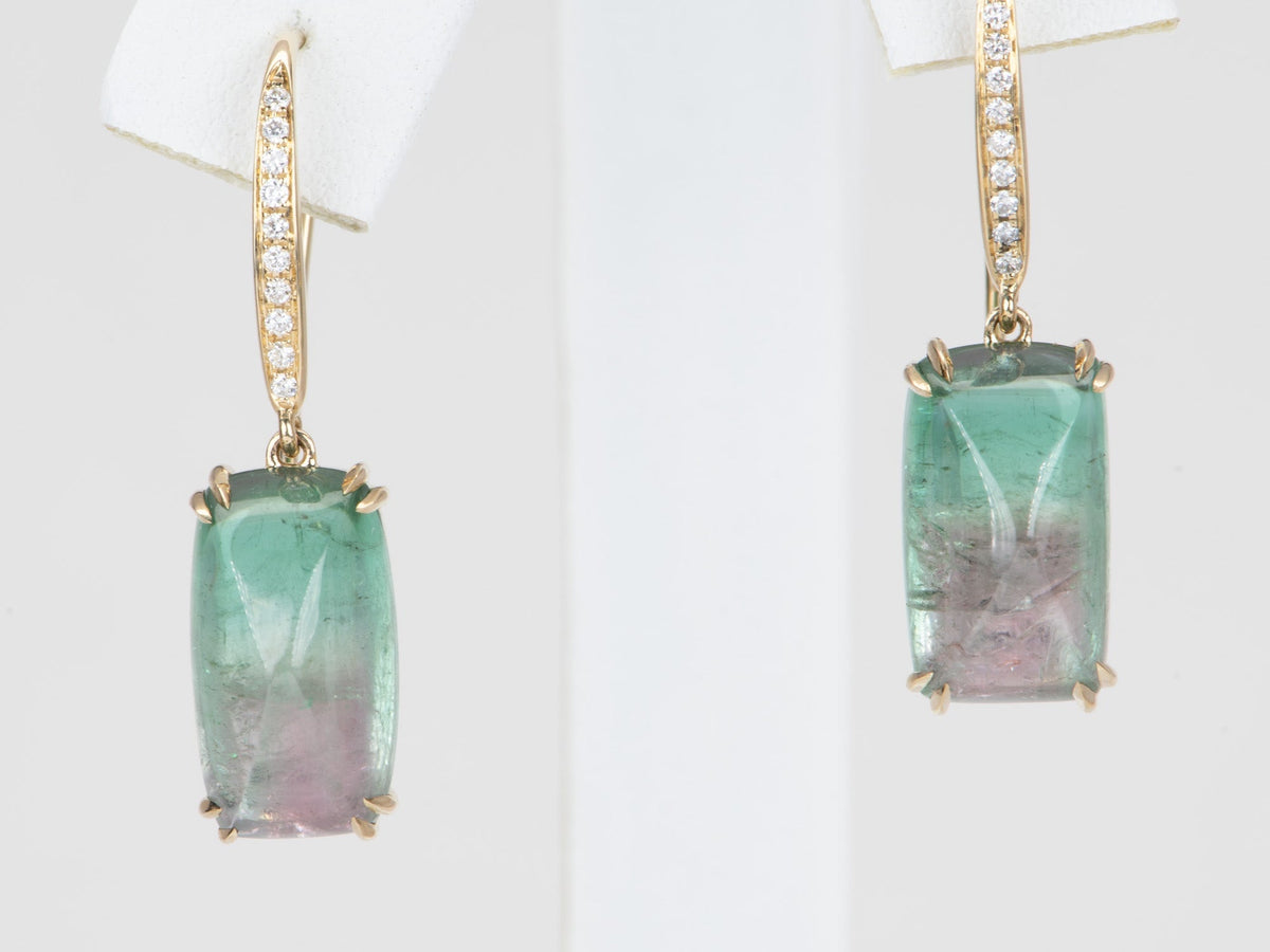 13.08ct Bi-Color Tourmaline Sugarloaf Dangle Earrings 14K Gold R3129 Aurora Designer
