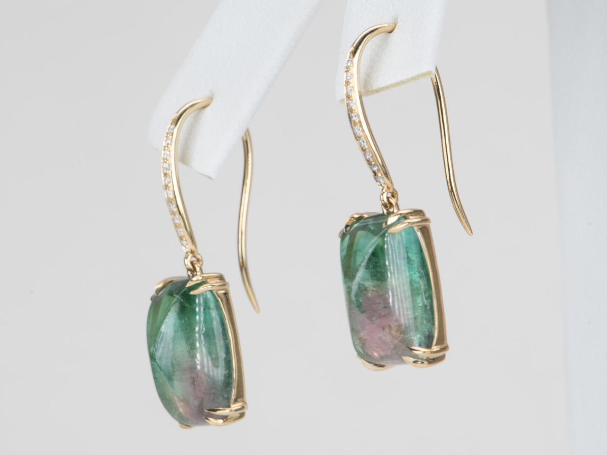 13.08ct Bi-Color Tourmaline Sugarloaf Dangle Earrings 14K Gold R3129 Aurora Designer